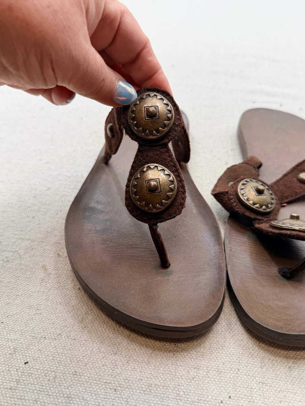 Mossimo Brown Leather Thong Sandals with Button Accent